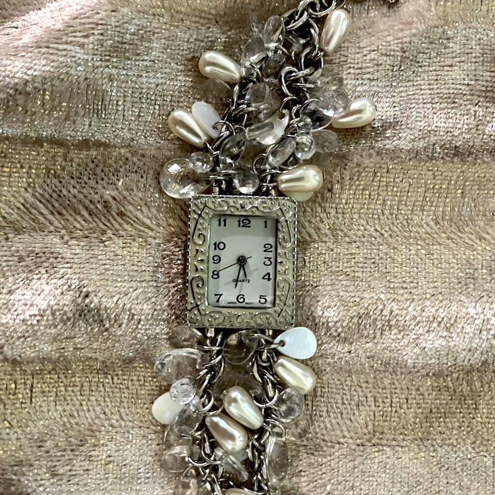 WATCH Pearl Crystal Silver Beads Bracelet NEW BATTERY JAPAN MOVEMENT NWOT Works